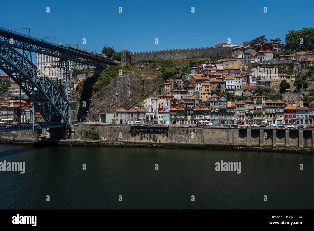 Porto, Portugal: the ancient Fernandina wall between the funicular dos Guindais and the Dom Luiz bridge Stock Photo