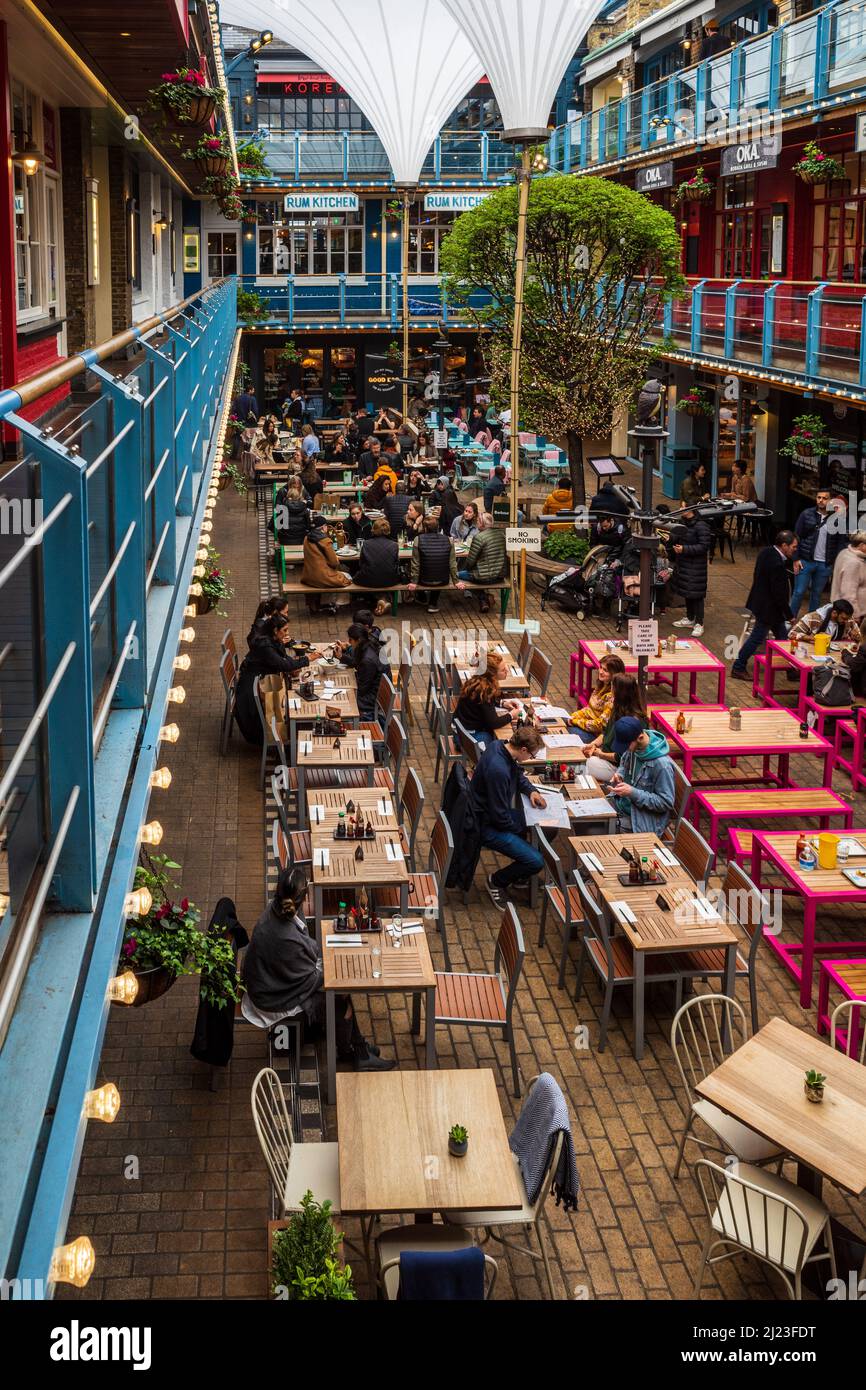 Kingly Court Carnaby Street London - three-storey alfresco dining destination just off London's famous Carnaby St. Stock Photo