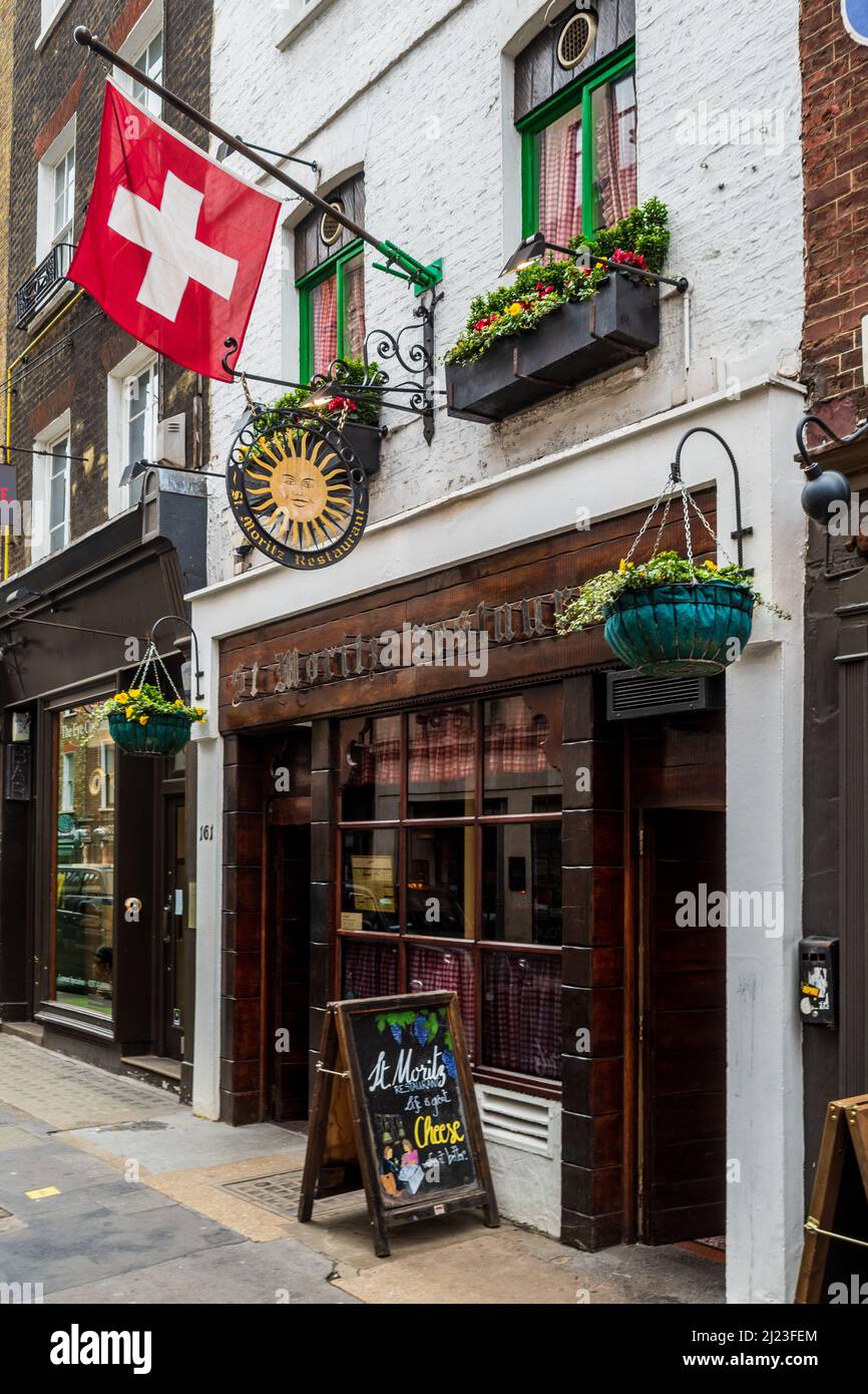 St Moritz Swiss Restaurant Soho London - the St Moritz Restaurant on Wardour St Soho was established in 1974 &  is London's oldest Swiss Restaurant. Stock Photo