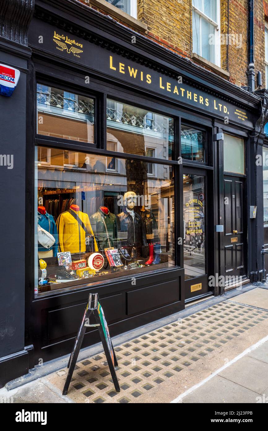 Lewis Leathers London - Lewis Leathers Store at 33 Windmill St selling classic bikers' jackets, gloves and boots. British company founded 1892. Stock Photo