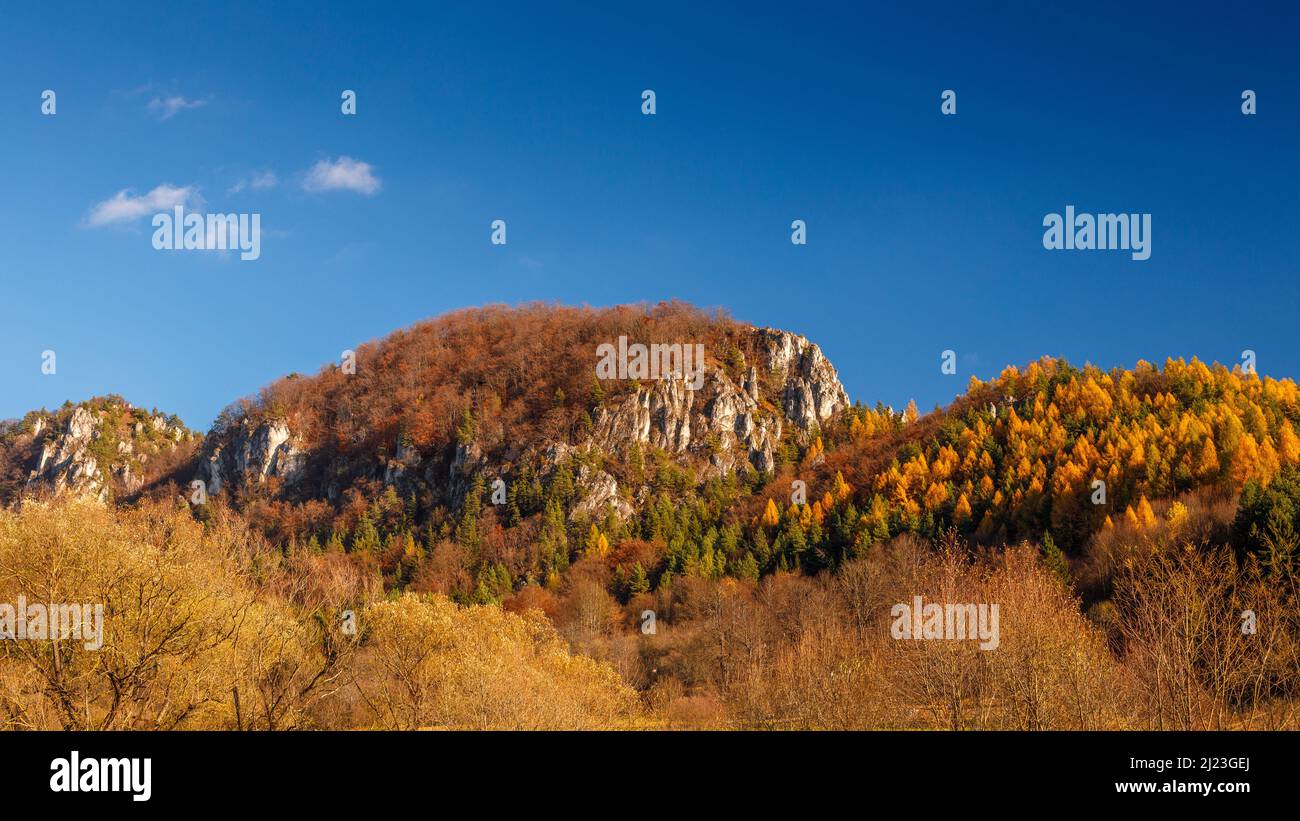 Mountainous landscape with rocks and forests in autumn. Podskalsky Rohac National Nature Reserve in Strazov Mountains Protected Landscape Area, Slovak Stock Photo