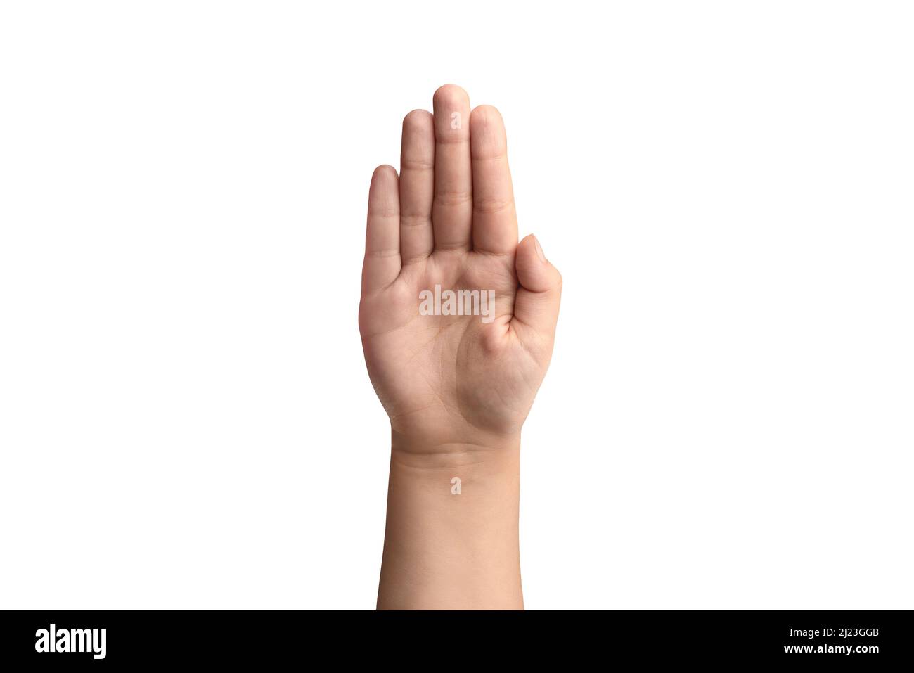 Children's hand on a white background. The girl's palm is pointing up. Stock Photo