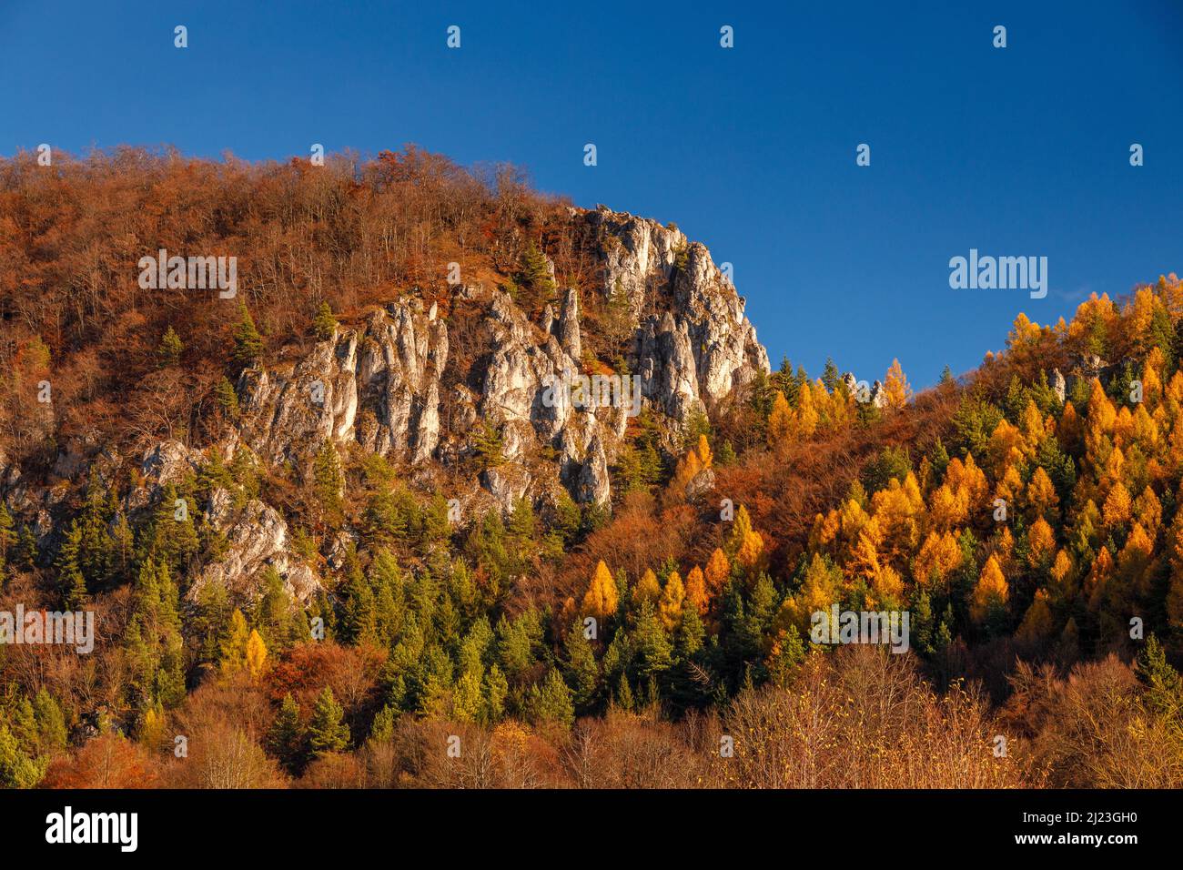 Mountainous landscape with rocks and forests in autumn. Podskalsky Rohac National Nature Reserve in Strazov Mountains Protected Landscape Area, Slovak Stock Photo