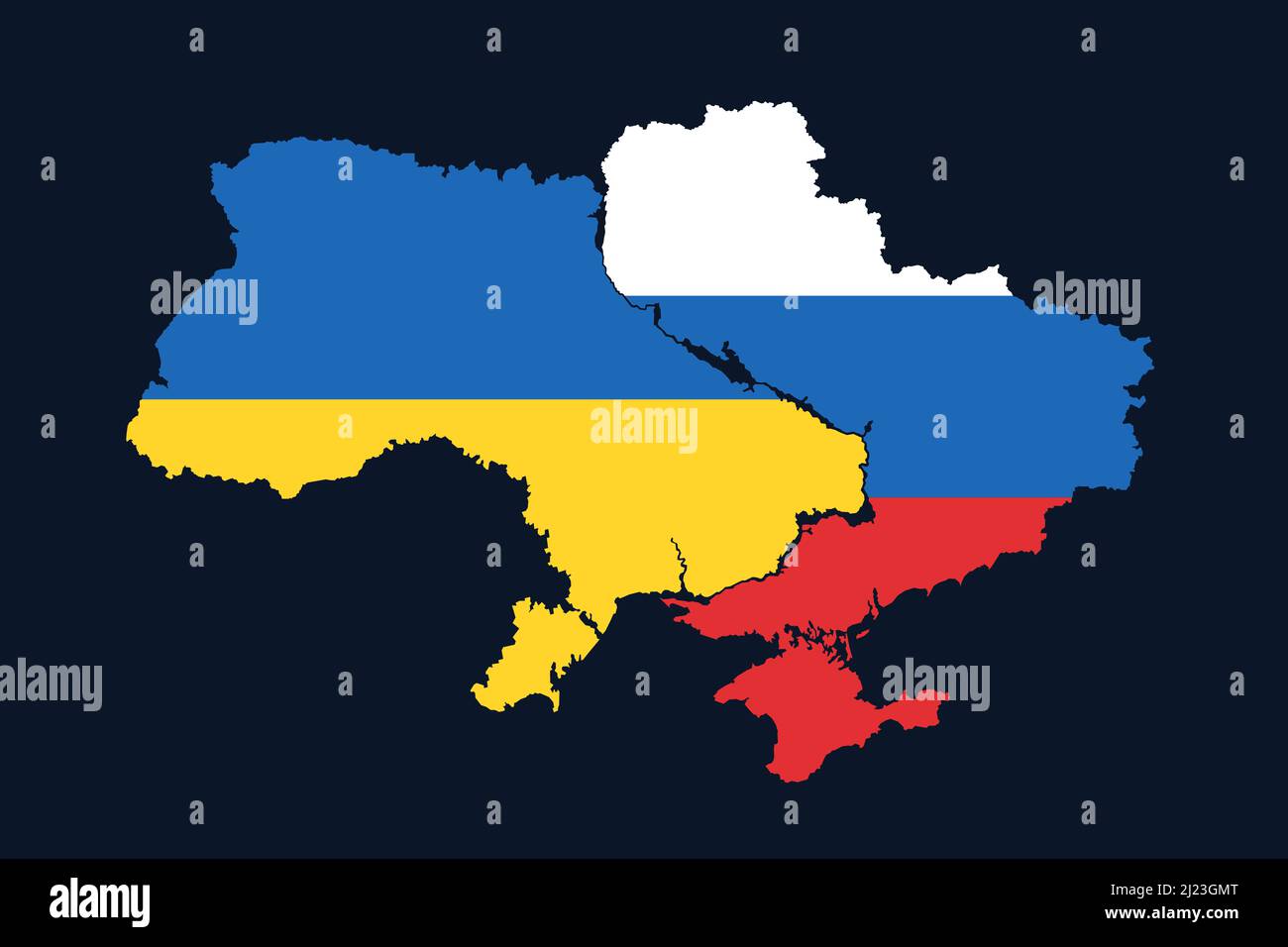 Ukraine is split, divided and separated into Ukrainian and Russian part. Dissolution, collapse and disintegration of united state and country. Map and Stock Photo