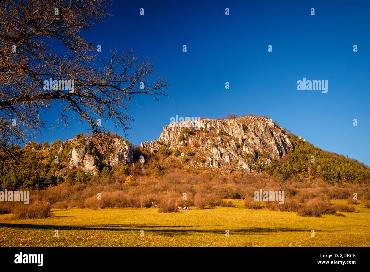 Mountainous landscape with rocks and forests in autumn. Podskalsky Rohac National Nature Reserve in Strazov Mountains Protected Landscape Area, Slovak Stock Photo