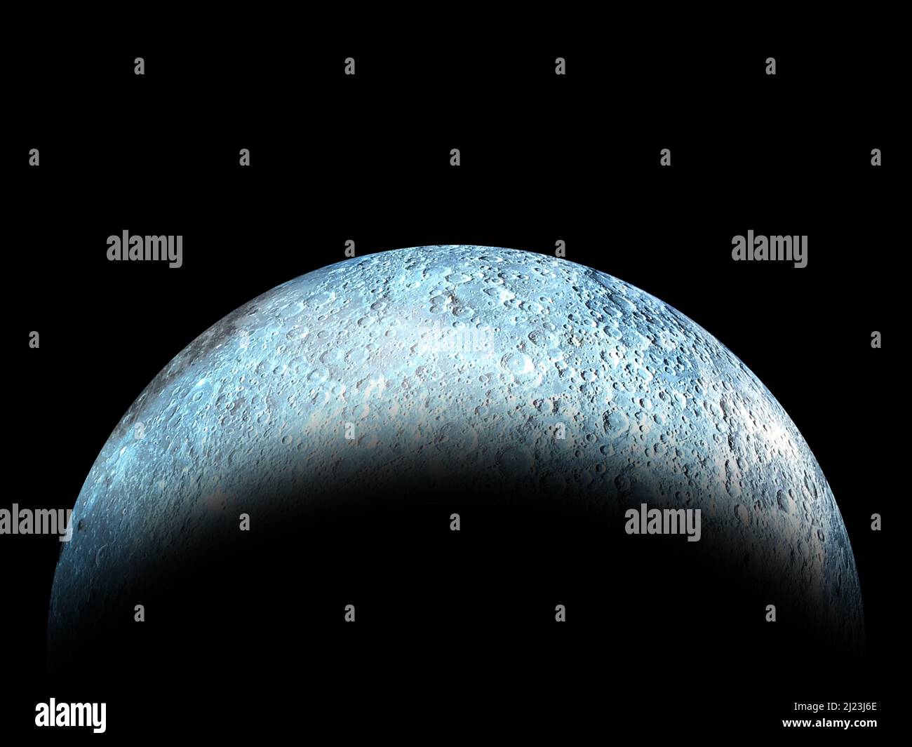 Earth's Full Moon Against a Black Outer Space BackgroundWaxing crescent moon with a night sky stars background. Amazing view of the tiny moon surface Stock Photo