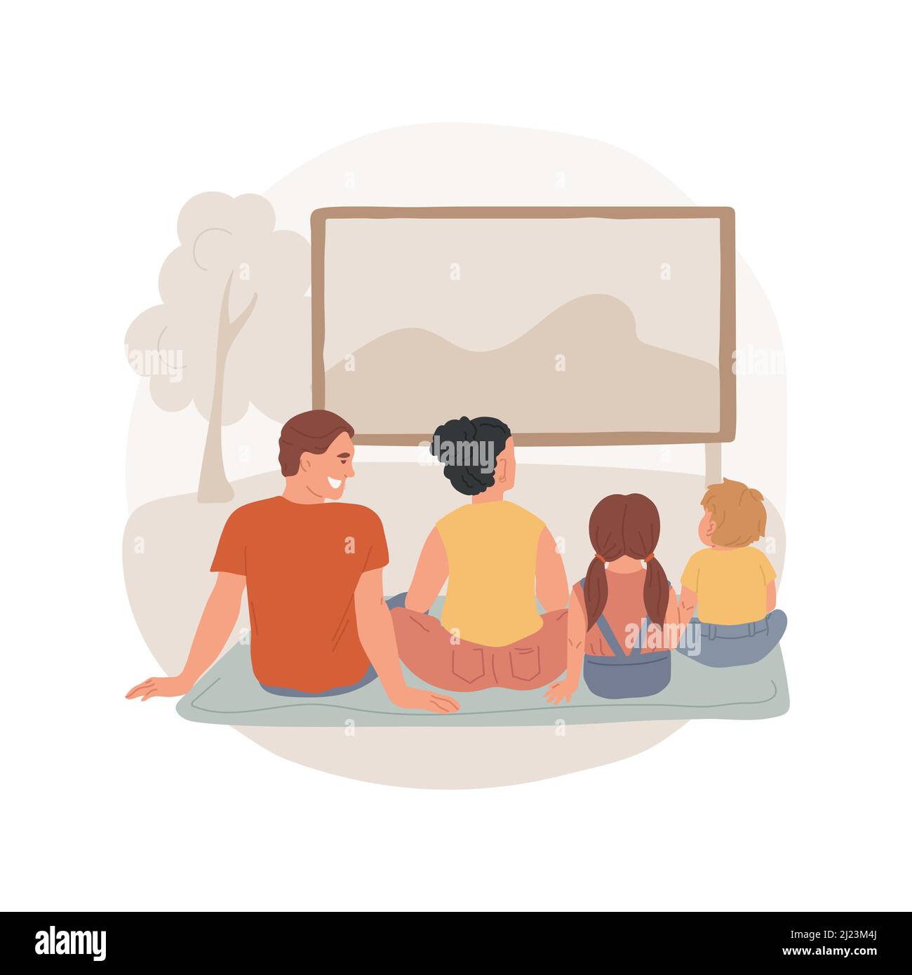 Open-air movie isolated cartoon vector illustration. Family going out, meeting friends, two families sitting on the ground in the park, open air cinema theater, adults and kids vector cartoon. Stock Vector