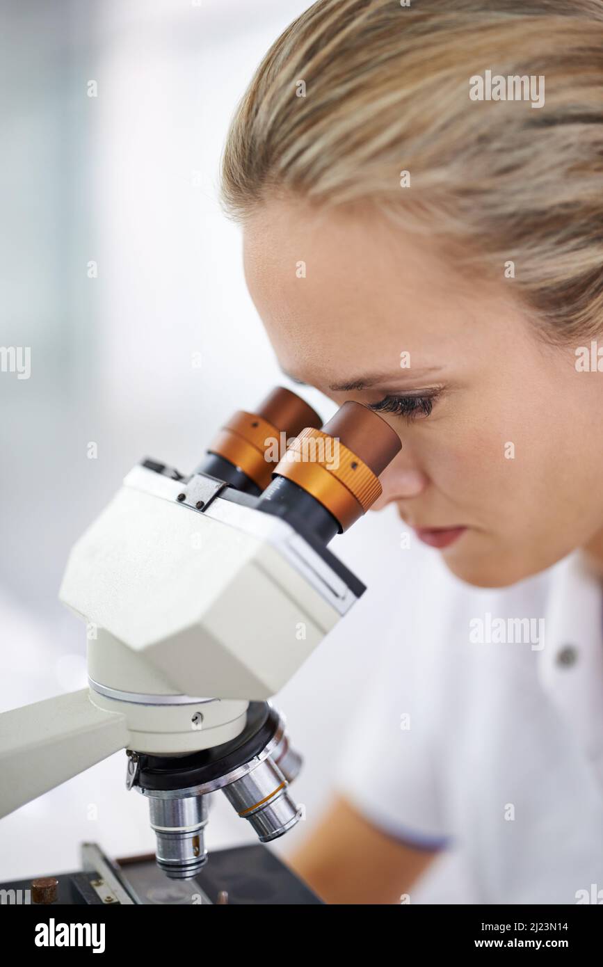 Looking into the future of science. Shot of a beautiful woman in a laboratory working with a microscope. Stock Photo