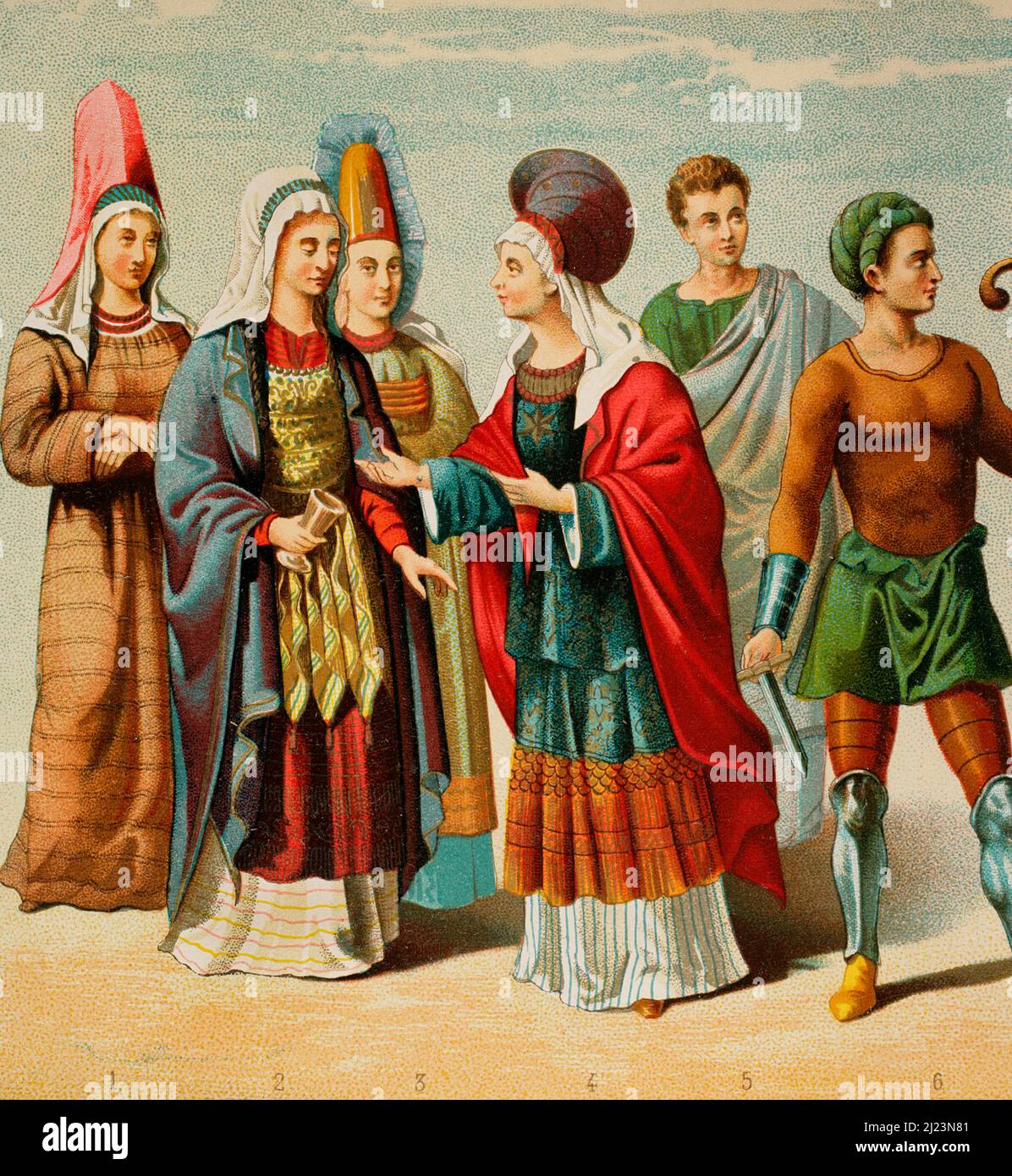 Iberian Peninsula. Ancient History. Phoenicians. Figures 1 to 5: illustrations inspired by antiquities from the Cerro de los Santos. Figure 6: Phoenician from a small lamp in the Museum of Tarragona. Chromolithography. Historia General de España, by Modesto Lafuente. Volume I. Published in Barcelona, 1877. Stock Photo
