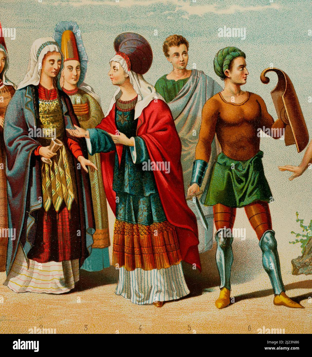 Iberian Peninsula. Ancient History. Phoenicians. Figures 2 to 5: illustrations inspired by antiquities from the Cerro de los Santos. Figure 6: Phoenician from a small lamp in the Museum of Tarragona. Chromolithography. Historia General de España, by Modesto Lafuente. Volume I. Published in Barcelona, 1877. Stock Photo