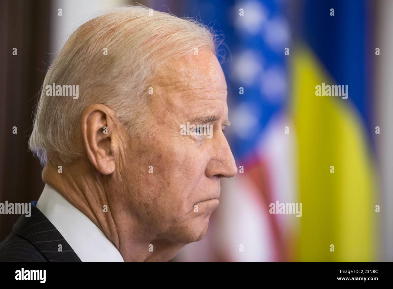 United States Vice President Joe Biden during an official visit to Ukraine in December 2014. President Joe Biden delivered a forceful and highly personal condemnation of Russia’s Vladimir Putin, summoning a call for liberal democracy and a durable resolve among Western nations in the face of a brutal autocrat. Stock Photo