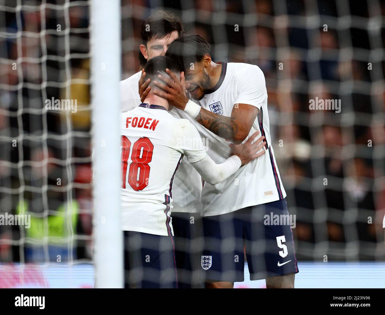 London, England, 29th March 2022.   Tyrone Mings of England celebrates scoring the third goal with Phil Foden of England during the International Friendly match at Wembley Stadium, London. Picture credit should read: David Klein / Sportimage Stock Photo