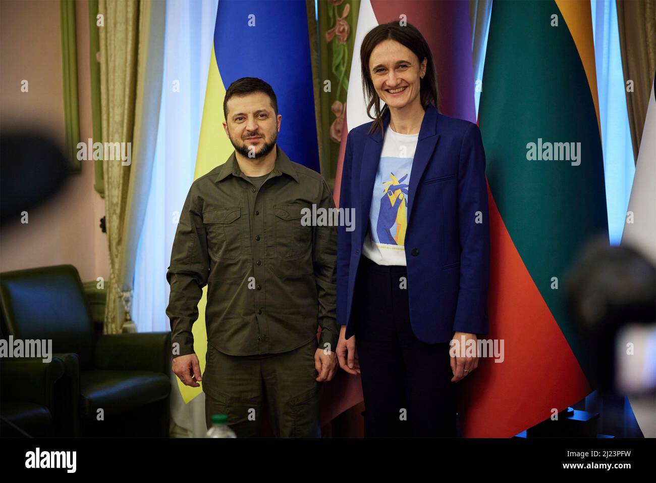 Kyiv, Ukraine. 24 March, 2022. Ukrainian President Volodymyr Zelenskyy, poses with the Speaker of the Lithuanian Seimas Viktorija Cmilyte-Nielsen, following meetings with parliamentarians from the Baltic nations, March 24, 2022 in Kyiv, Ukraine.    Credit: Ukraine Presidency/Ukraine Presidency/Alamy Live News Stock Photo