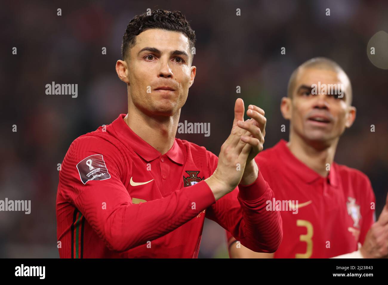 Porto, Portugal, 29th March 2022. Cristiano Ronaldo and Pepe of Portugal acknowledge the fas following the final whistle of the FIFA World Cup 2022 - European Qualifying match at the Estadio do Dragao, Porto. Picture credit should read: Jonathan Moscrop / Sportimage Credit: Sportimage/Alamy Live News Stock Photo