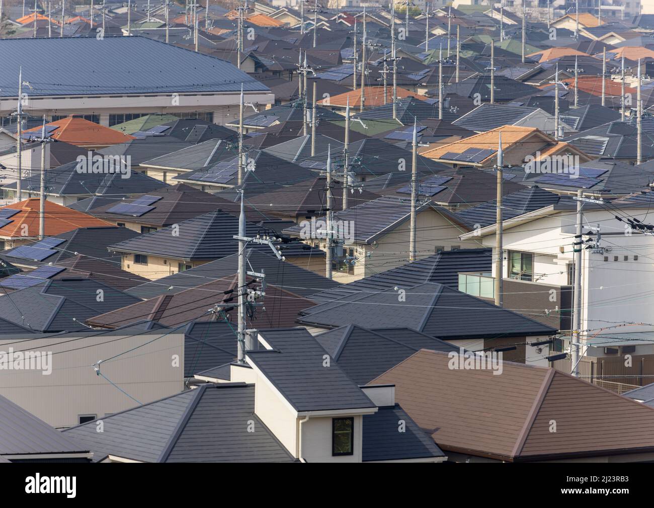 Overhead view of house roofs and electrical poles in suburban landscape Stock Photo