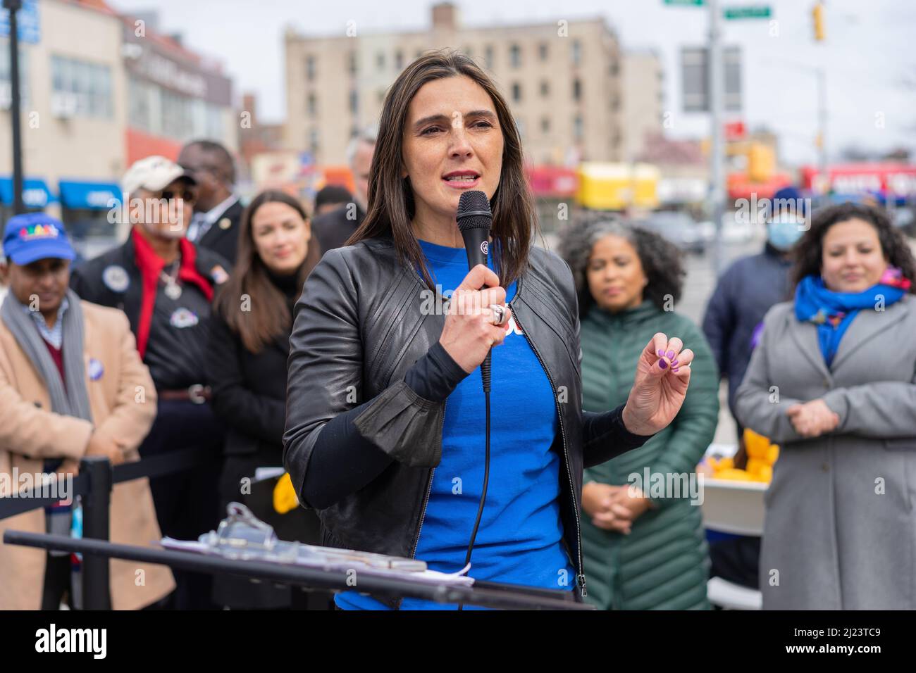 Bronx, United States. 27th Mar, 2022. Anna Martha Visky of Our Revolution joins Rep. Alexandria Ocasio-Cortez held a re-election campaign rally in the Bronx. Ocasio-Cortez needs to collected 1, 250 signatures by April 7th to be on the 2022 ballot. (Photo by Steve Sanchez/Pacific Press) Credit: Pacific Press Media Production Corp./Alamy Live News Stock Photo