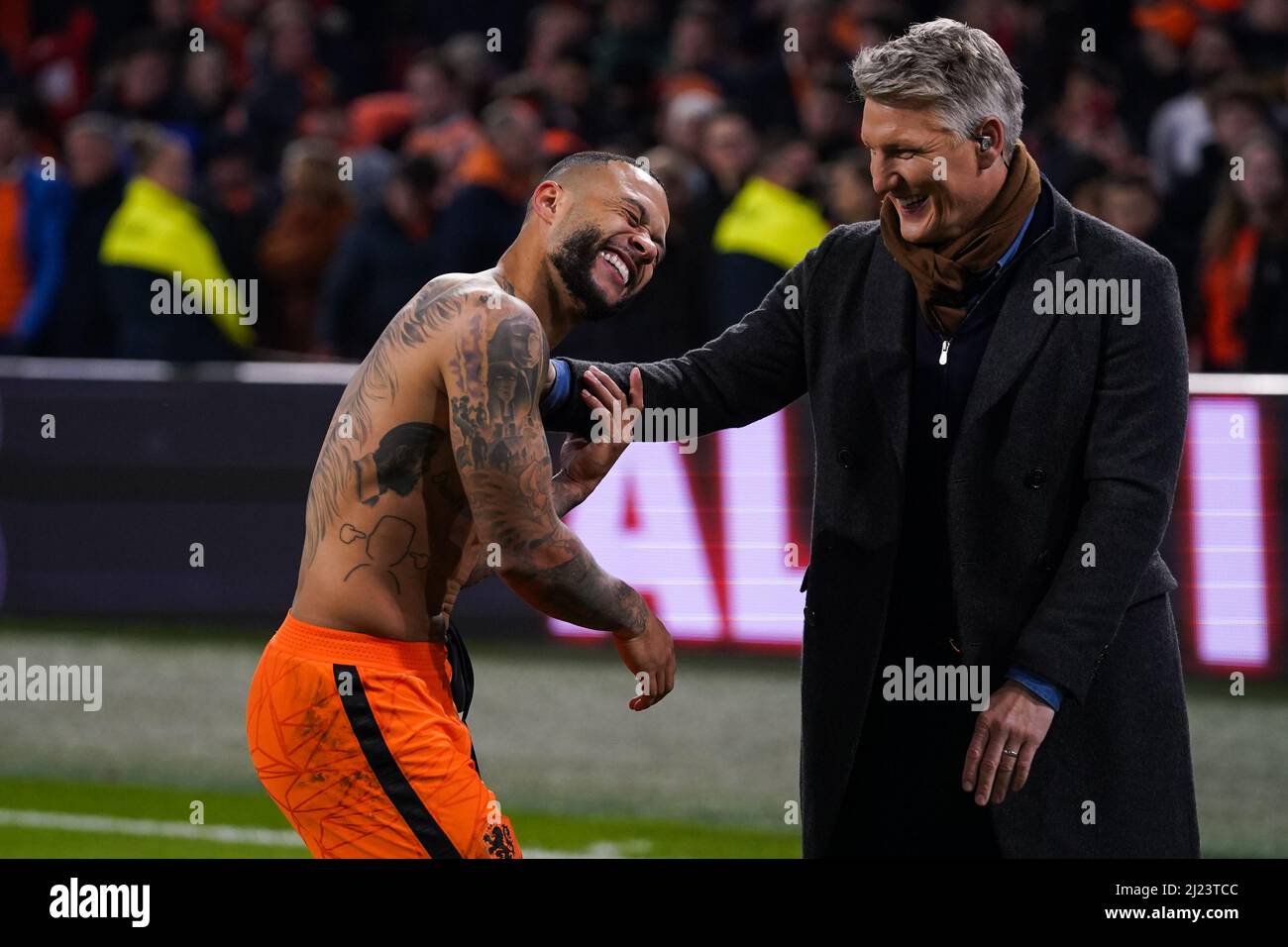 AMSTERDAM, NETHERLANDS - MARCH 29: Tattoo from Memphis Depay of the  Netherlands during the International Friendly match between the Netherlands  and Germany at the Johan Cruijff ArenA on March 29, 2022 in