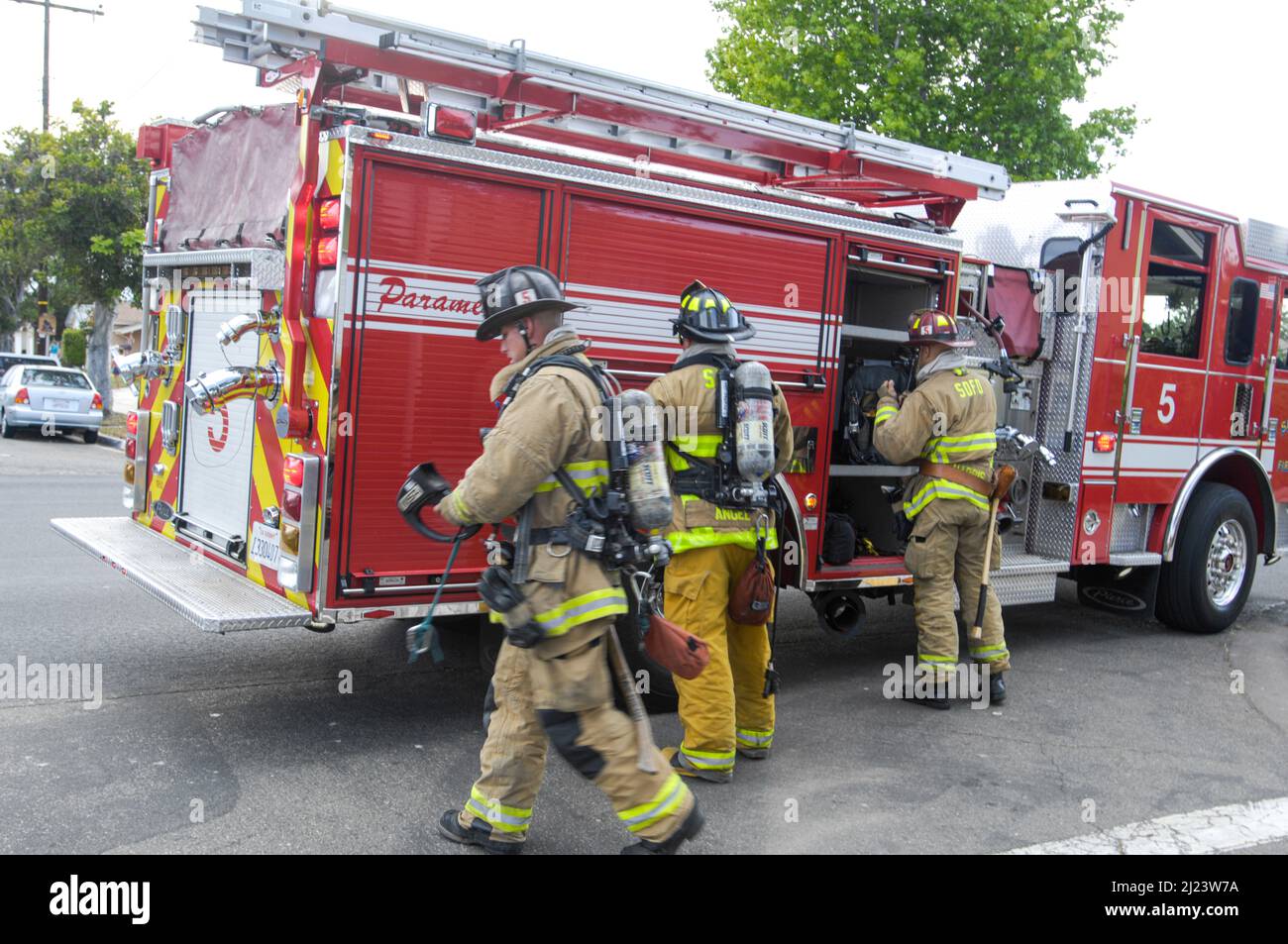 San Diego City Firefighters working a structure fire in 36's district Stock Photo