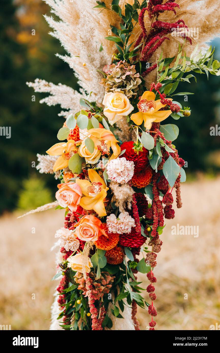 Wedding arch in Boho style. Floral arrangements of autumn flower Stock