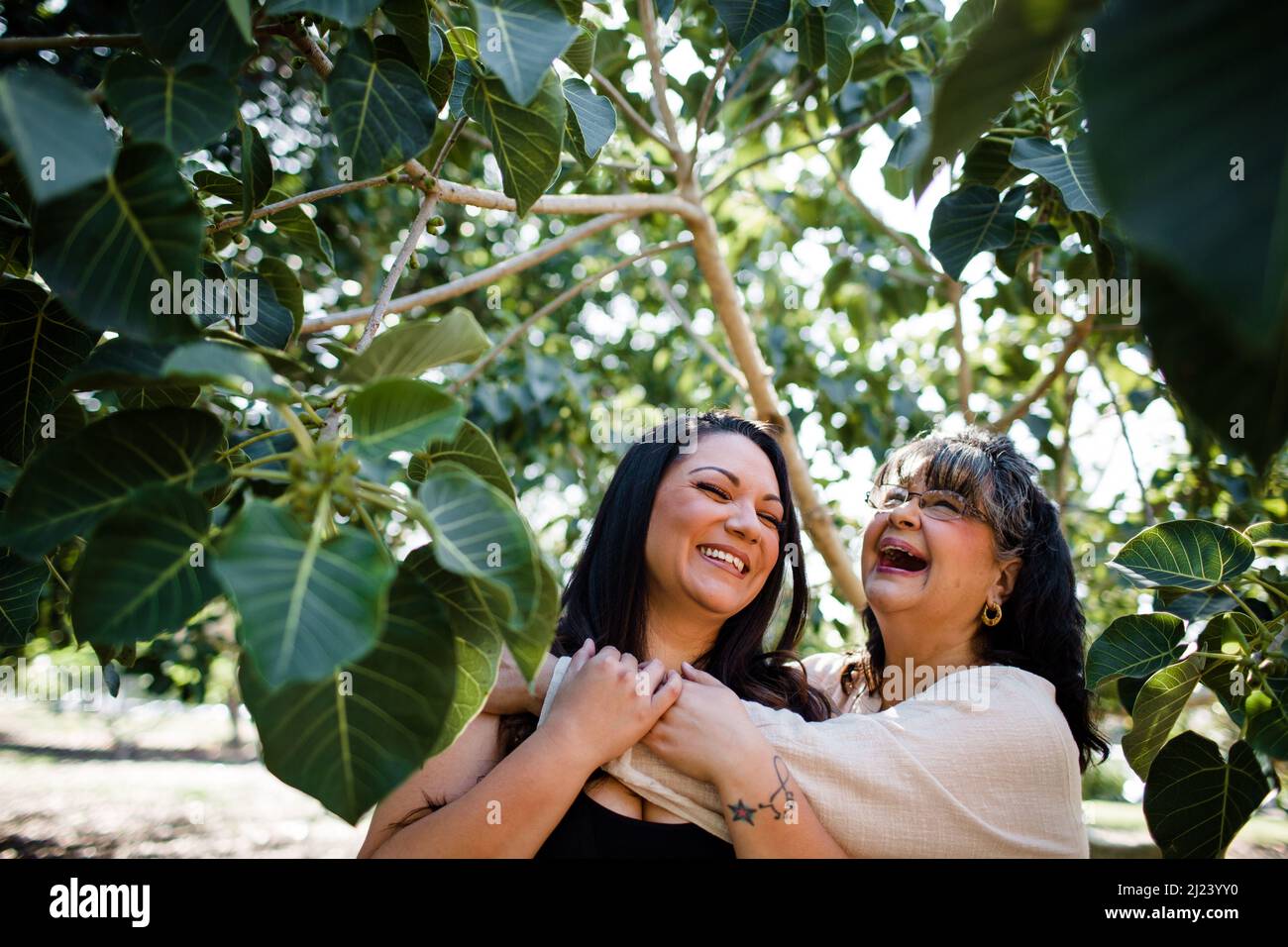 Mother & Daughter Laughing, Surrounded by Trees in San Diego Stock
