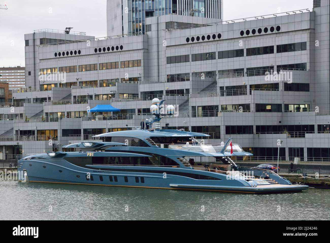 Superyacht PHI mooring in West India Dock, Canary Wharf, London Stock Photo