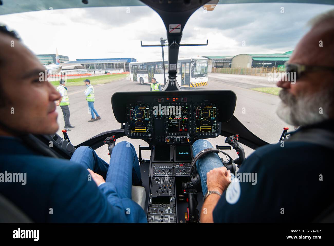 Bogota, Colombia, on March 29, 2022. Flight crew of Airbus after landing the H145 Helicopter during the Airbus Helicopters presentation and flight test of the H145 Multipurpose helicopter in Bogota, Colombia, on March 29, 2022. Airbus aims to sell this helicopter model to government and armed forces agencies across latin-america. Photo by: Sebastian Barros/Long Visual Press Stock Photo