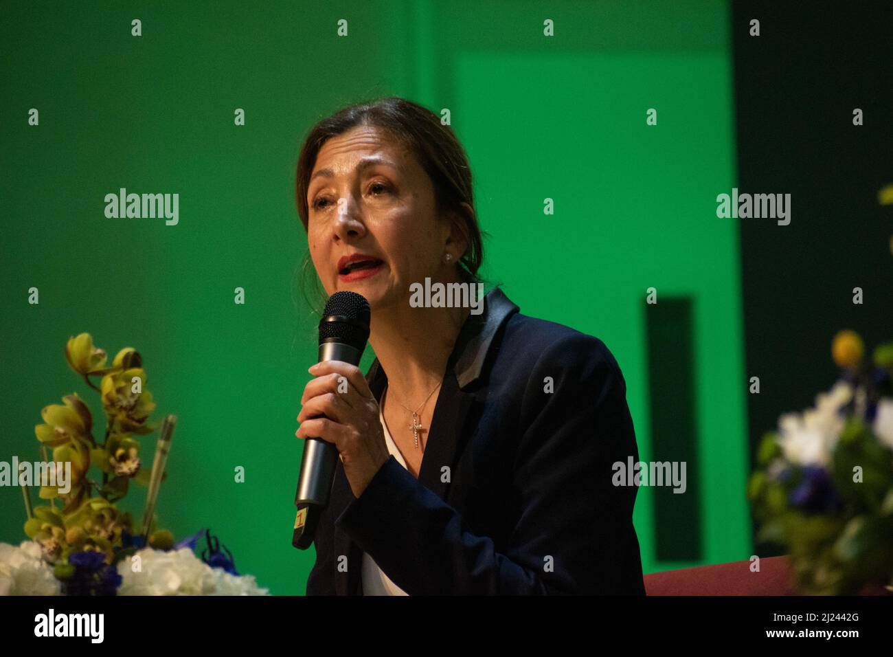 Bogota, Colombia, March 29, 2022. Presidential candidate Ingrid Betancourt for the political party 'Partido Verde Oxigeno' speaks during the 'Universidad del Externado' Presidential debate amid the 2022 Presidential elections run on May 29, in Bogota, Colombia, March 29, 2022. Stock Photo