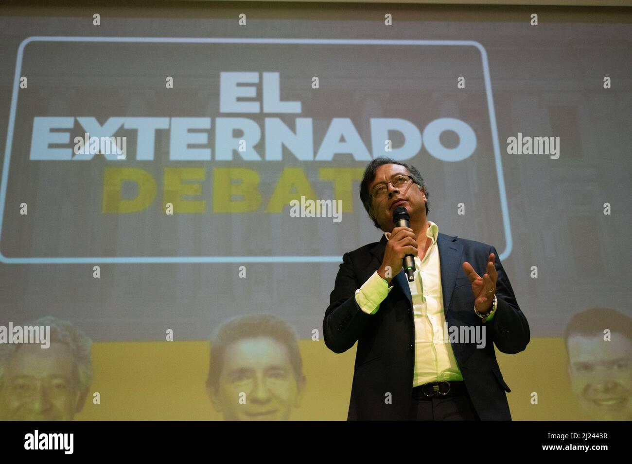 Bogota, Colombia, March 29, 2022. Presidential candidate for the political alliance 'Pacto Historico' Gustavo Petro during the 'Universidad del Externado' Presidential debate amid the 2022 Presidential elections run on May 29, in Bogota, Colombia, March 29, 2022. Stock Photo