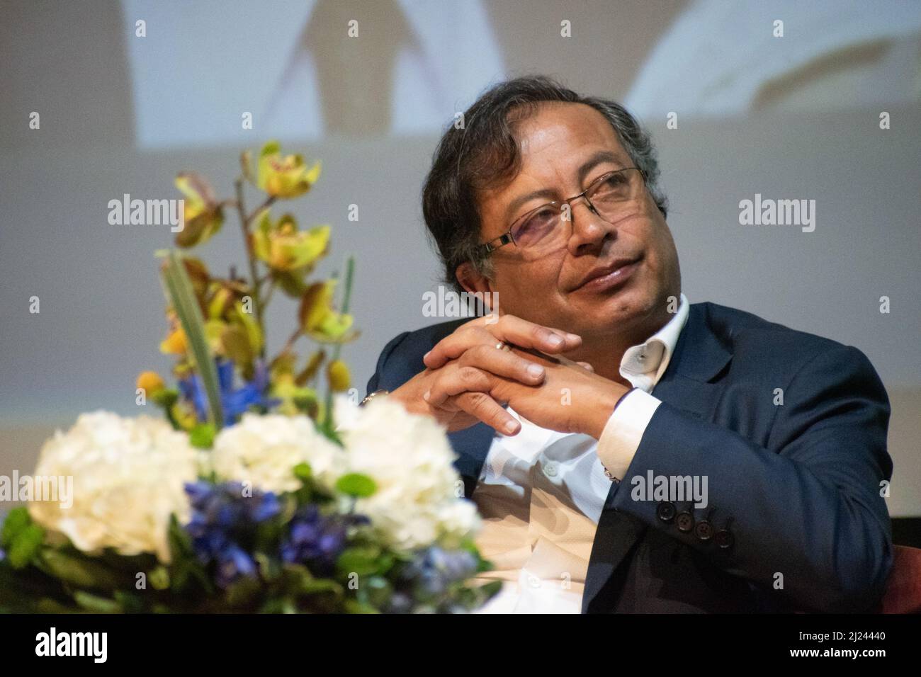 Bogota, Colombia, March 29, 2022. Presidential candidate for the political alliance 'Pacto Historico' Gustavo Petro during the 'Universidad del Externado' Presidential debate amid the 2022 Presidential elections run on May 29, in Bogota, Colombia, March 29, 2022. Stock Photo