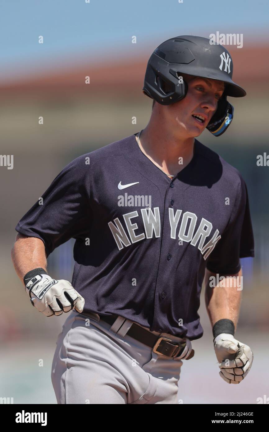 Lakeland, FL USA:  New York Yankees second baseman Cooper Bowman (74) homers during a spring training Baseball game against the Detroit Tigers, Monday, March 28, 2022, at Publix Field. The Yankees beat the Tigers 11-7. (Kim Hukari/Image of Sport) Stock Photo