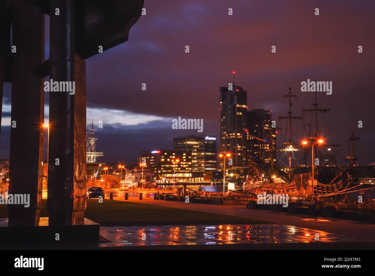 Gdynia, Poland - October 7, 2019: Colorful night shot of the seaside city of Gdynia, Poland. Stock Photo