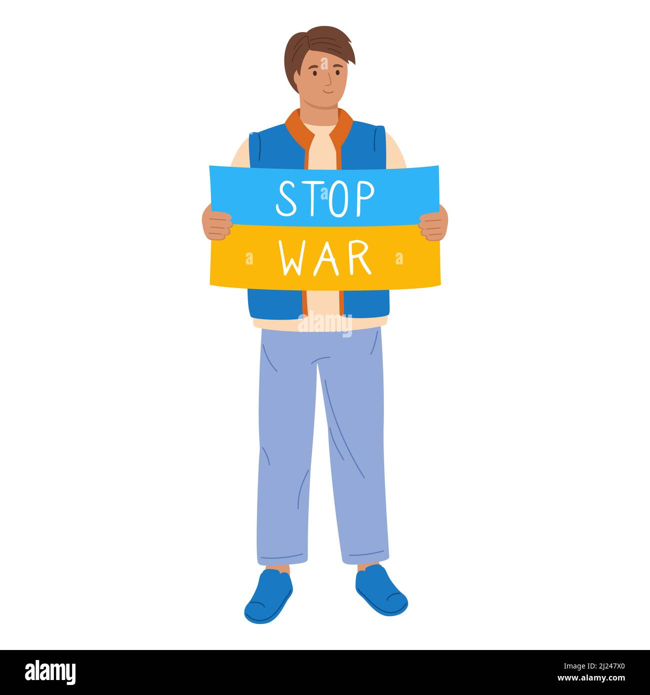 Stop war in Ukraine rally. Young men hold banner or poster no war. Protest, parade against warfare. Human character take part political meeting. Flat design social illustration Stock Vector