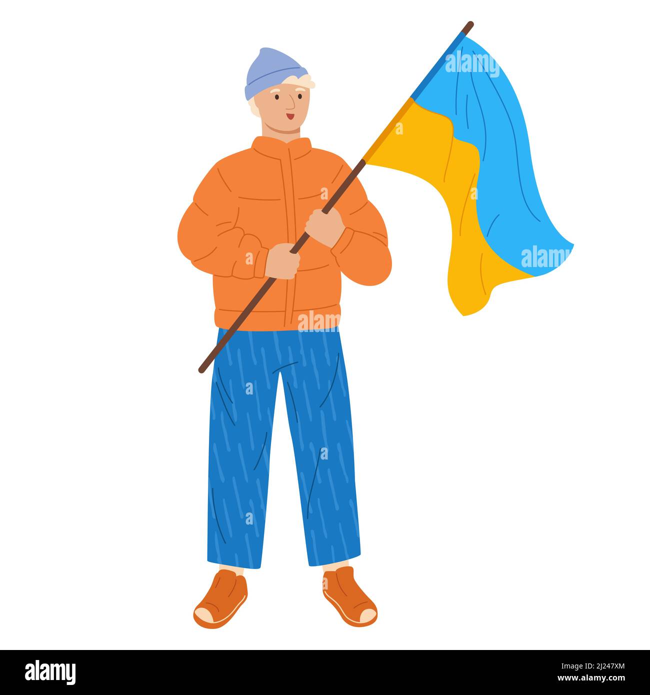 Stop war in Ukraine, Young men at rally hold flags support country. Human character take part political participation meeting. Protest, parade against warfare. Flat design illustration Stock Vector