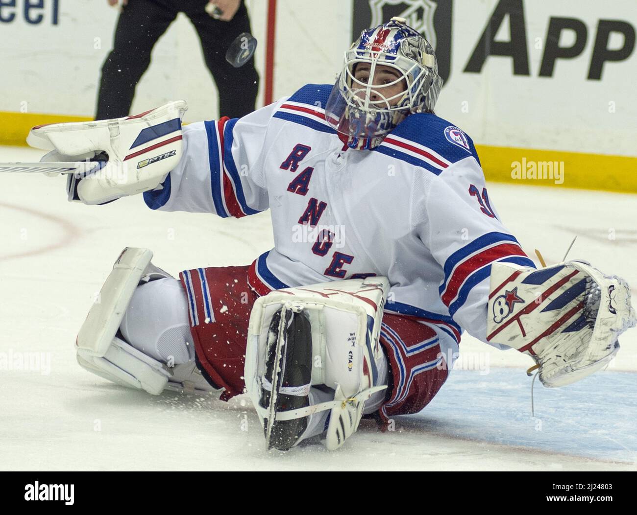 New York Rangers goaltender Igor Shesterkin celebrates with left