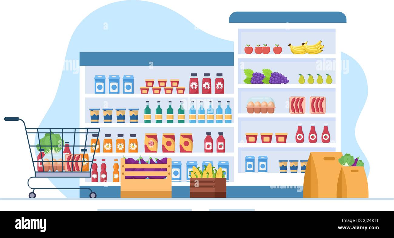 Supermarket with Shelves, Grocery Items and Full Shopping Cart, Retail,  Products and Consumers in Flat Cartoon Background Illustration Stock Vector  Image & Art - Alamy