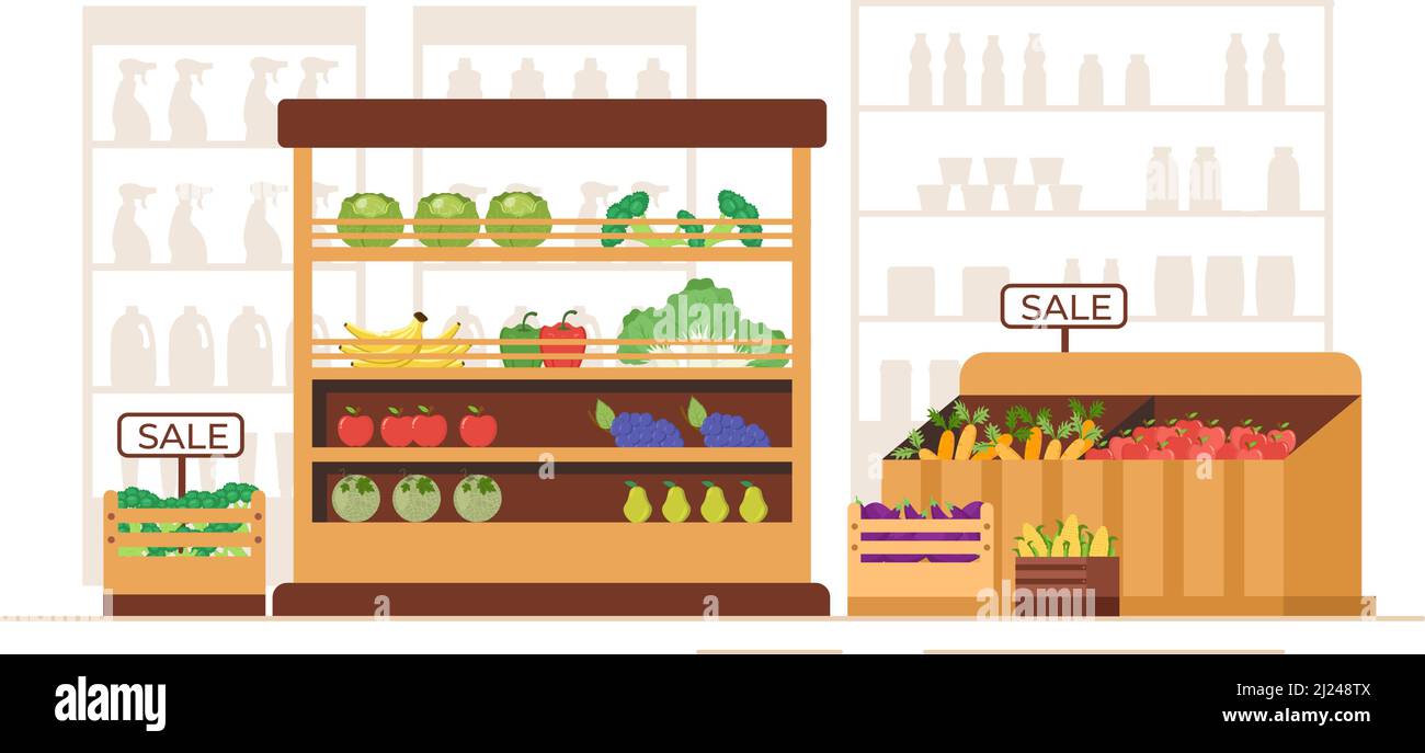 Supermarket with Shelves, Grocery Items and Full Shopping Cart, Retail