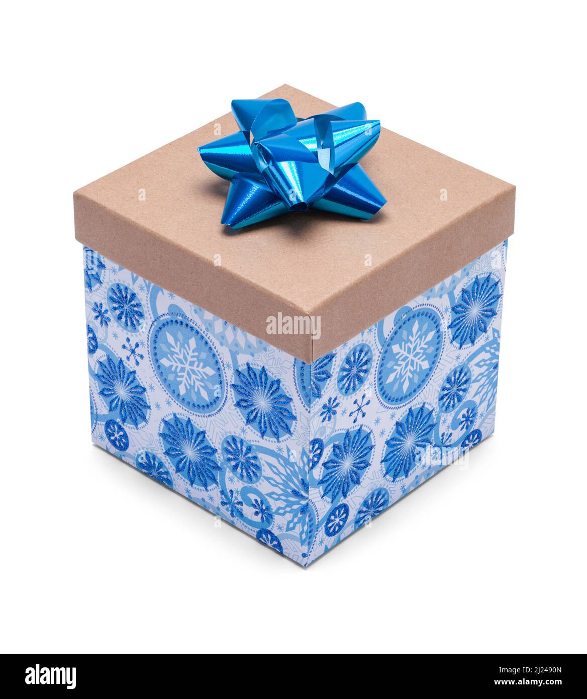 Small Square Blue Present Box with Blue Bow. Stock Photo