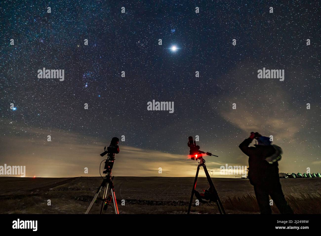 Astrophotographer observing a lunar eclipse Stock Photo