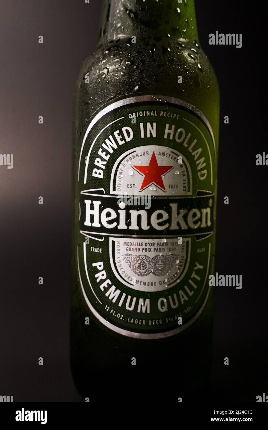 29Nov2021 Heineken, Beer. A Heineken beer bottle on a