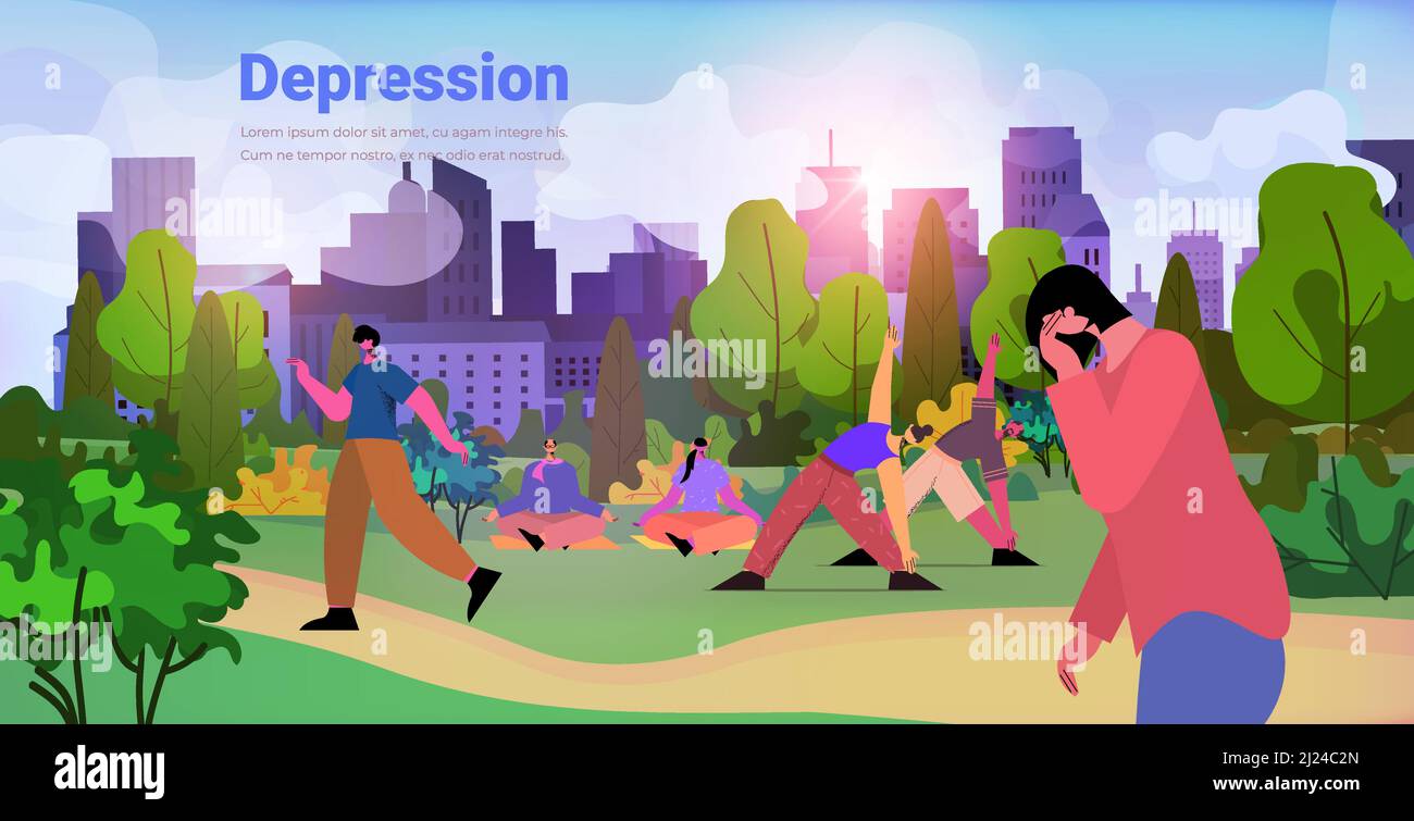 tired depressed woman walking in park girl feeling desperate mental health diseases depression concept Stock Vector