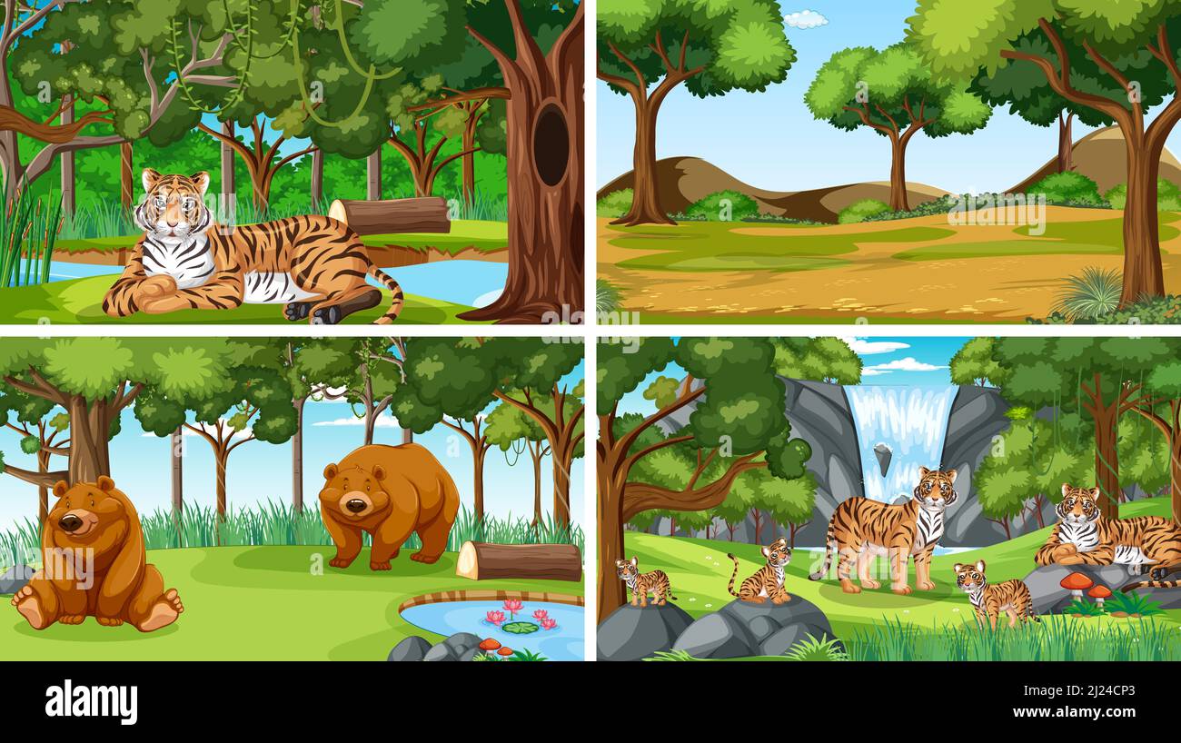 Different forest scenes with wild animals illustration Stock Vector ...