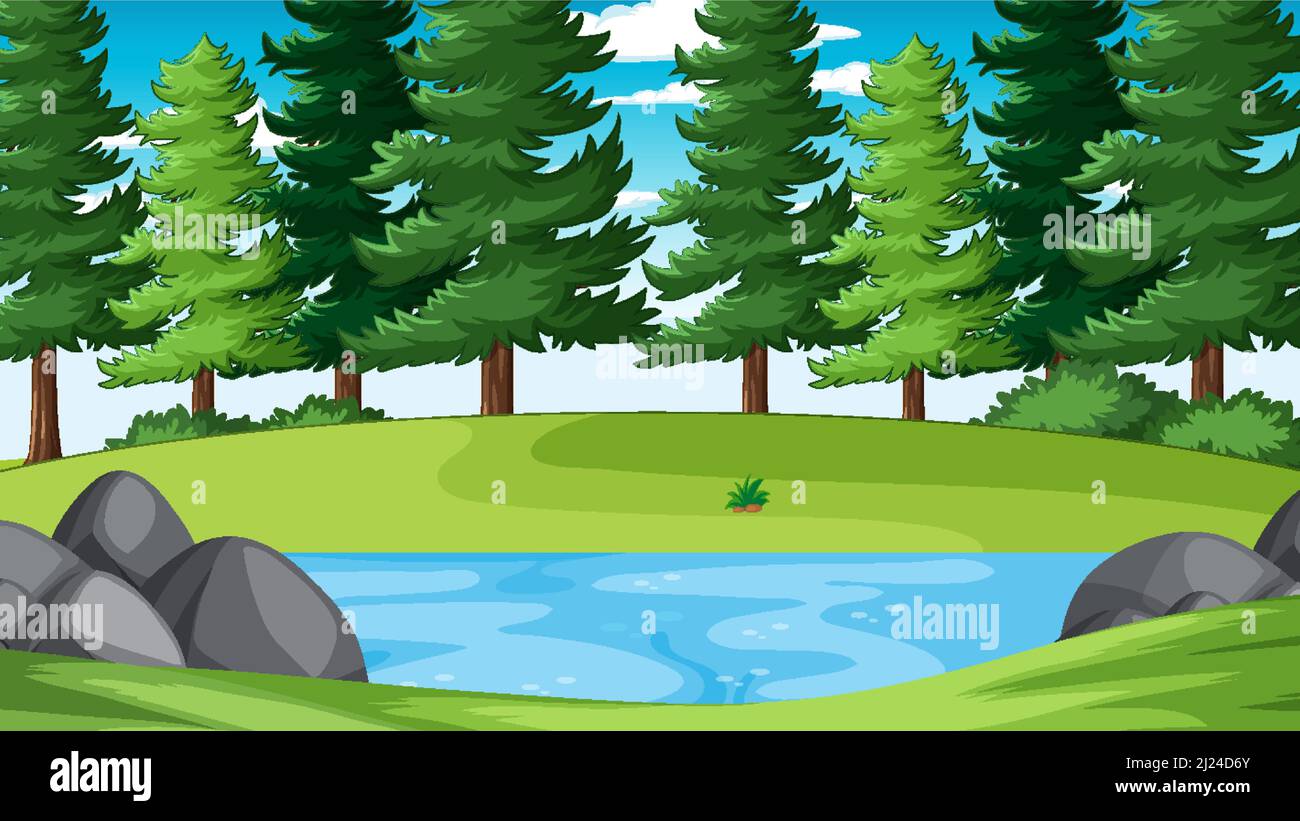 Scene with pine trees by the river illustration Stock Vector Image ...