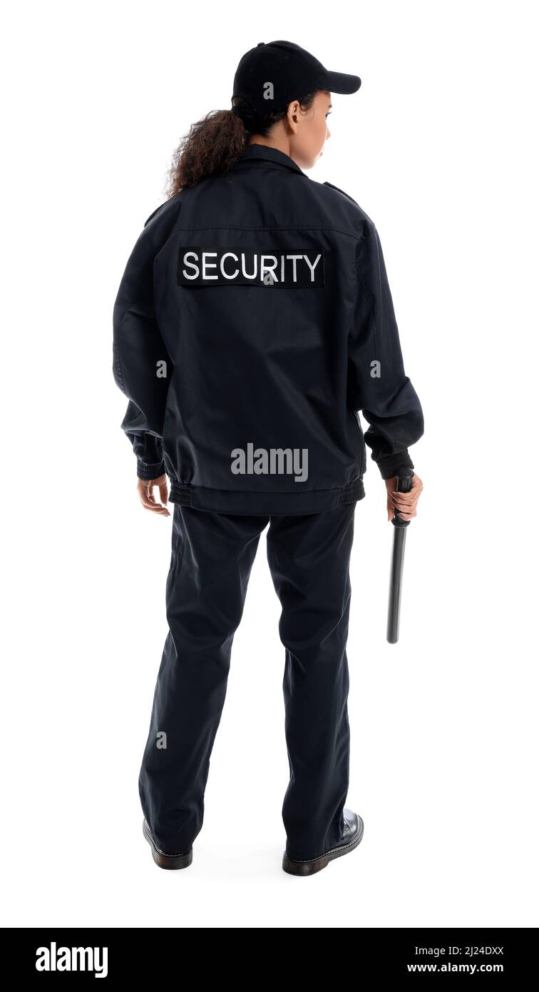 African-American female security guard with baton on white background ...