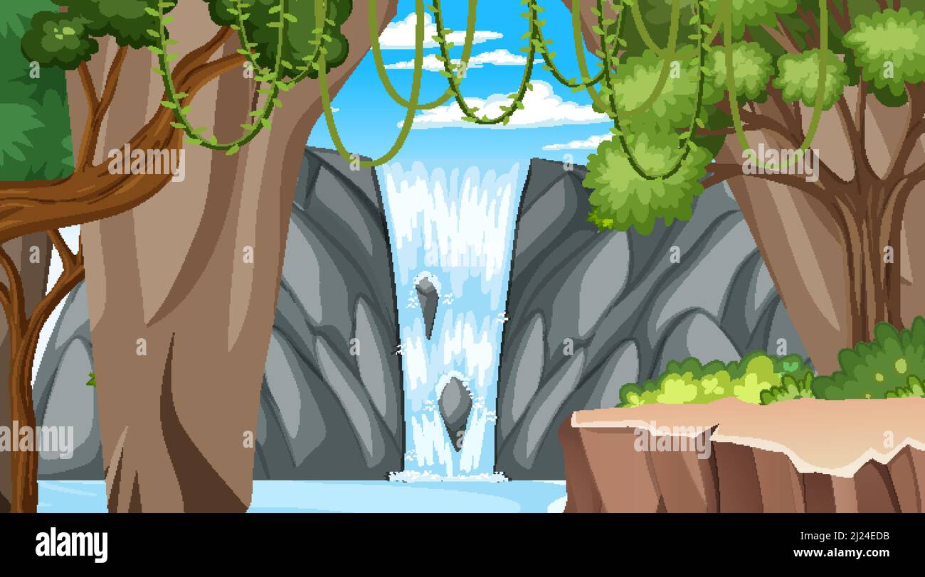 Nature scene with many trees and waterfall illustration Stock Vector ...