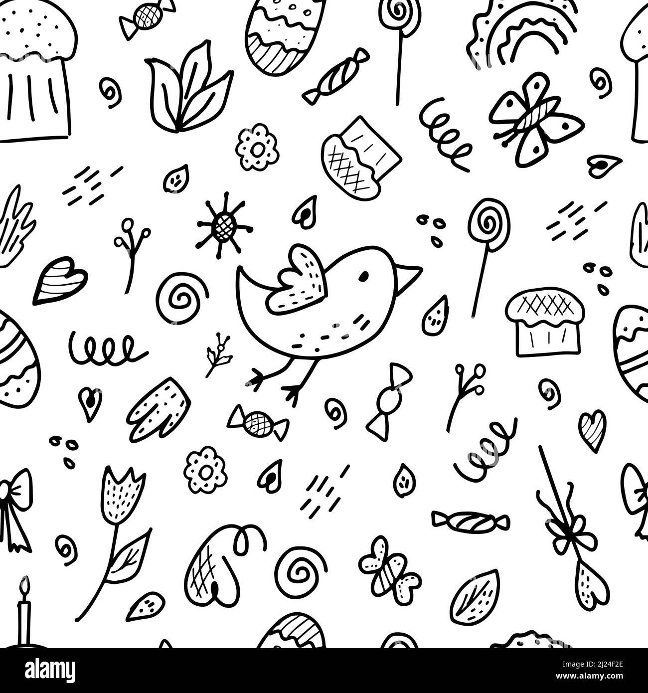 Black and white seamless illustration with Easter holiday. Design for textiles, wrapping paper or wallpaper. Easter time. Stock Vector