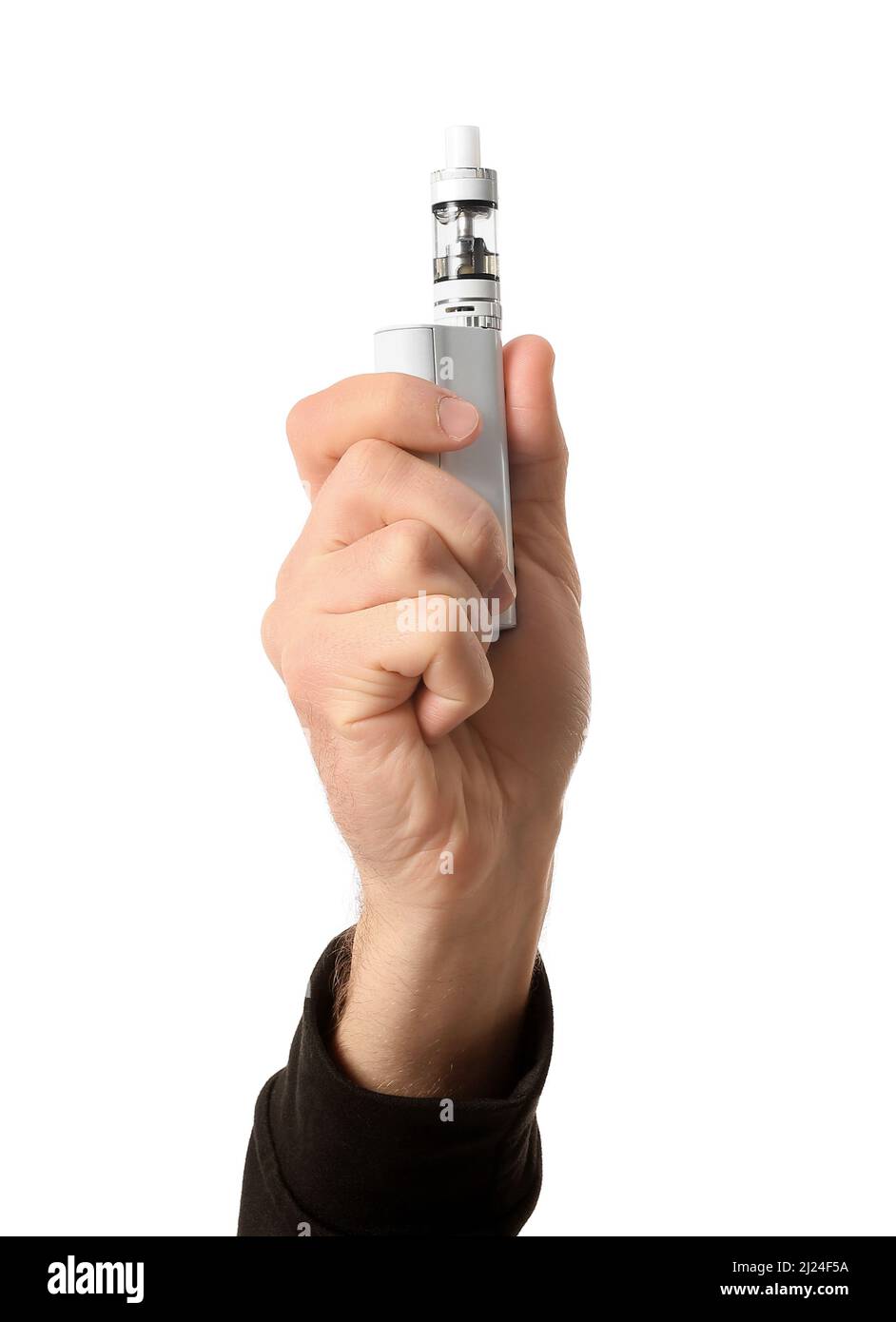 Male hand with vape mod on dark background with fume Stock Photo - Alamy