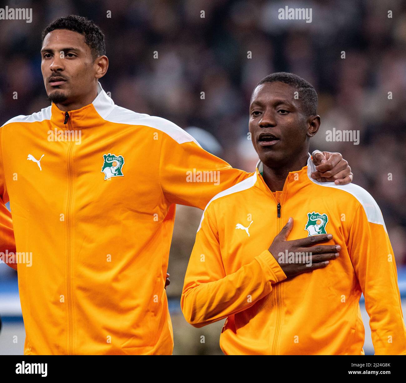 LONDON, ENGLAND - MARCH 29: Sebastien Haller, Max Gradel of Ivory Coast during the International Friendly match between England and Ivory Coast at Wembley Stadium on March 29, 2022 in London, England. (Photo by Sebastian Frej) Credit: Sebo47/Alamy Live News Stock Photo
