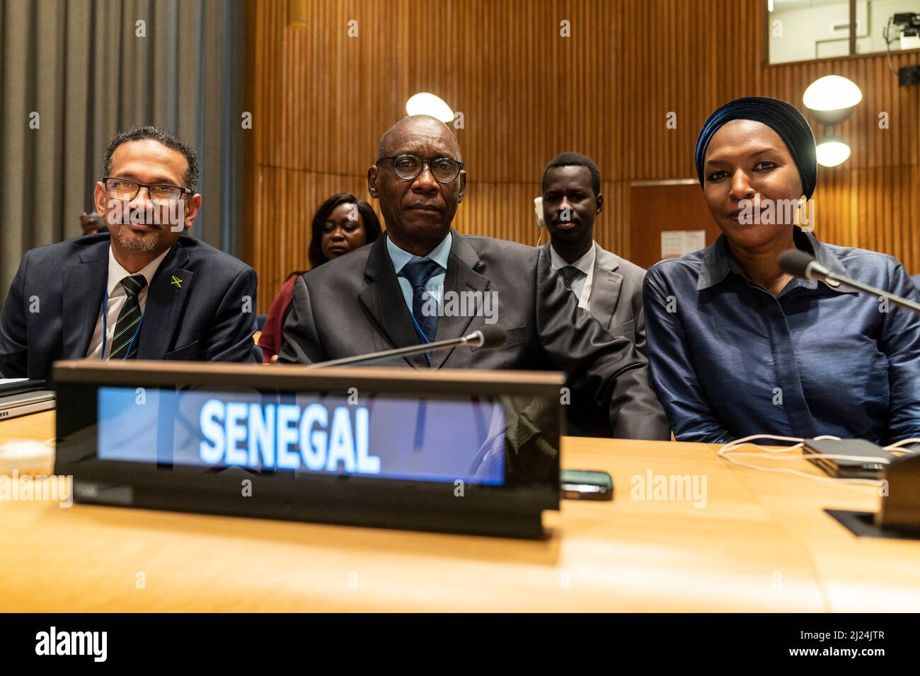 New York, USA. 29th Mar, 2022. Brian Wallace, Permanent Representative of Jamaica, Cheikh Niang, Permanent Representative of Senegal, Fatima Mohammed, Permanent Observer of the African Union attends Equiano.Stories - President of the General Assembly's Special Event to mark the International Day of Remembrance of the Victims of Slavery and the Transatlantic Slave Trade at Trusteeship Council Chamber of United Nations Headquarters in New York on March 29, 2022. (Photo by Lev Radin/Sipa USA) Credit: Sipa USA/Alamy Live News Stock Photo