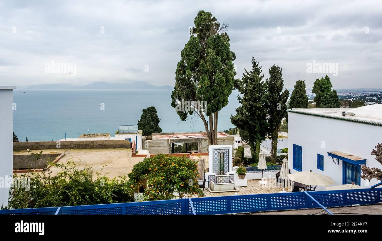 View of the typical houses of the Mediterranean city of Sidi Bou Said, a town in northern Tunisia located about 20 km from the capital, Tunis Stock Photo