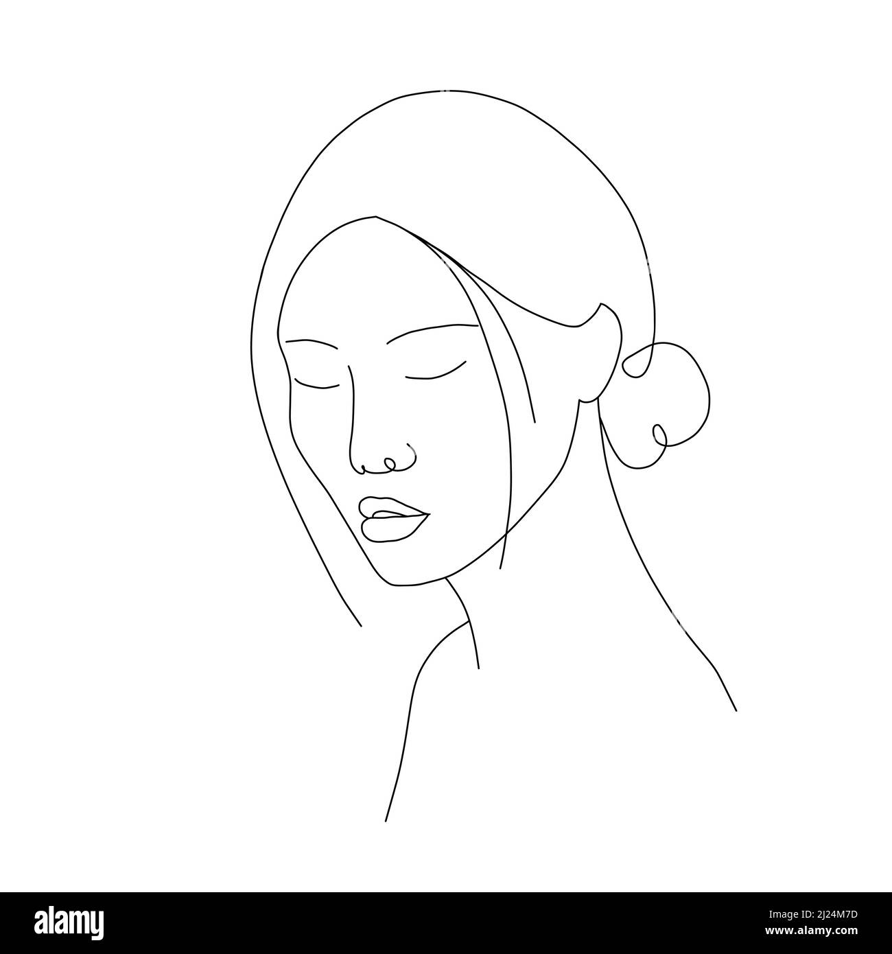 Asian Woman Face Line Art. Abstract Minimal Female Portrait With Closed  Eyes. Hand Drawn Outline Female Silhouette. Vector Illustration In One Line  Stock Vector Image & Art - Alamy